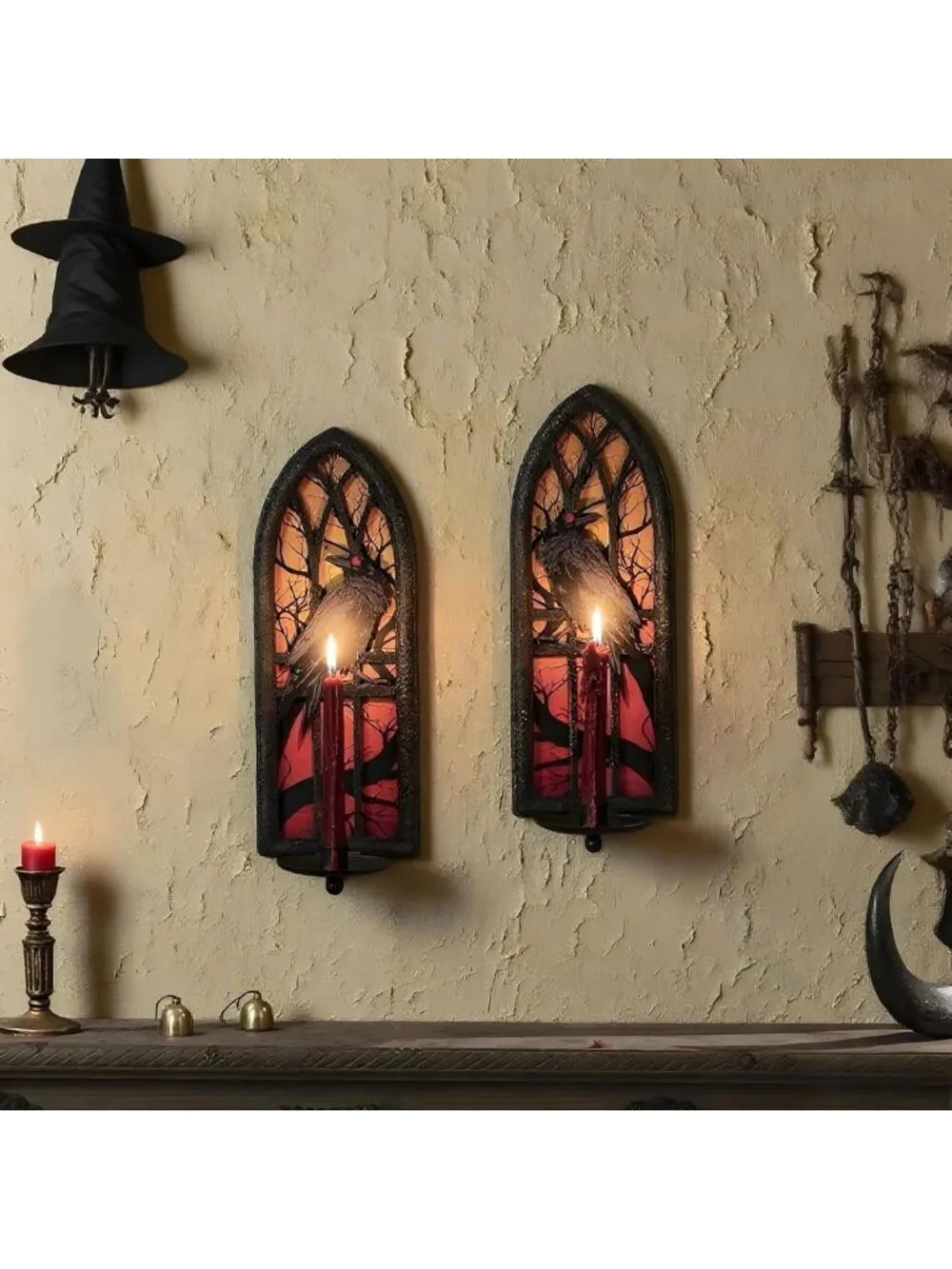 Gothic Wall Candle Sconces Set of 2 - Wrought Iron Candelabra Holders for Taper